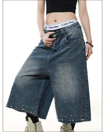 Pearled and Faded Denim Shorts Korean Street Fashion Shorts By Mr Nearly Shop Online at OH Vault
