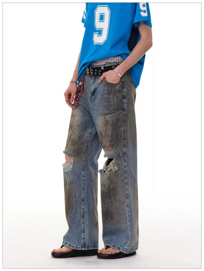 Dirt Smudged Ripped Straight Jeans Korean Street Fashion Jeans By Mr Nearly Shop Online at OH Vault