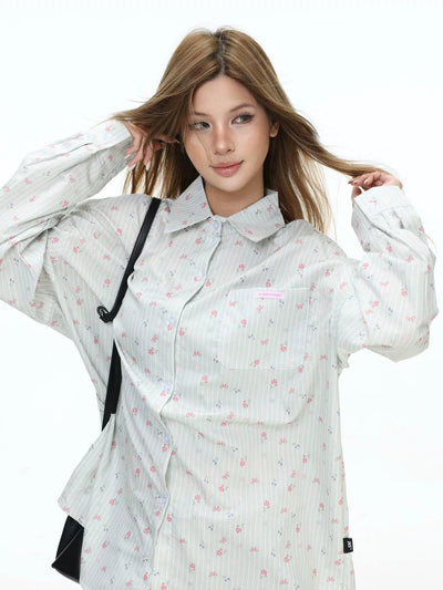 Floral Pattern Striped L/S Shirt Korean Street Fashion Shirt By INS Korea Shop Online at OH Vault