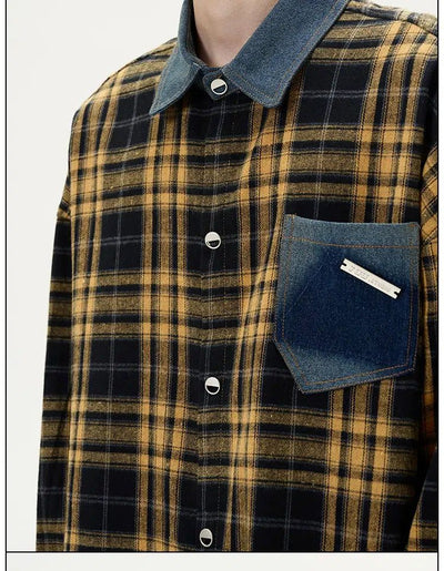 Plaid Denim Pocket & Collar Shirt Korean Street Fashion Shirt By 77Flight Shop Online at OH Vault