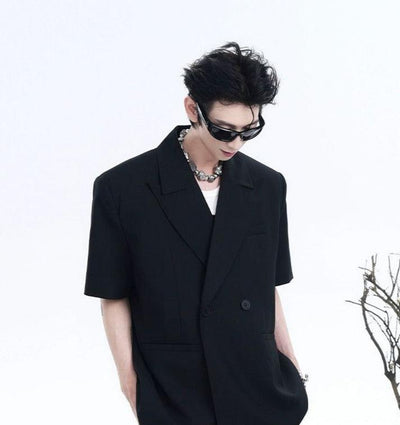Double Breasted Loose Blazer & Pleated Suit Shorts Set Korean Street Fashion Clothing Set By Slim Black Shop Online at OH Vault