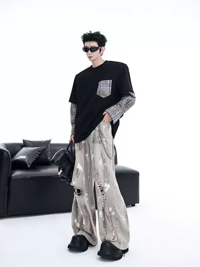 Plaid Pocket and Long Sleeve T-Shirt Korean Street Fashion T-Shirt By Slim Black Shop Online at OH Vault