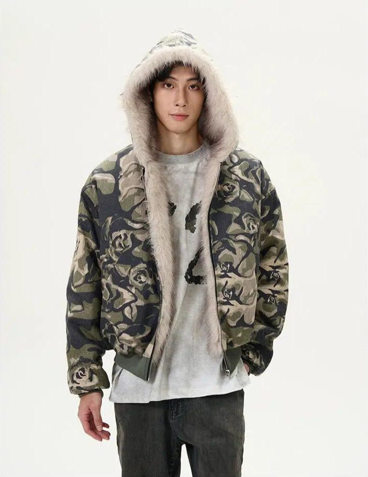 Camouflage Fur Line Zip-Up Jacket Korean Street Fashion Jacket By 77Flight Shop Online at OH Vault