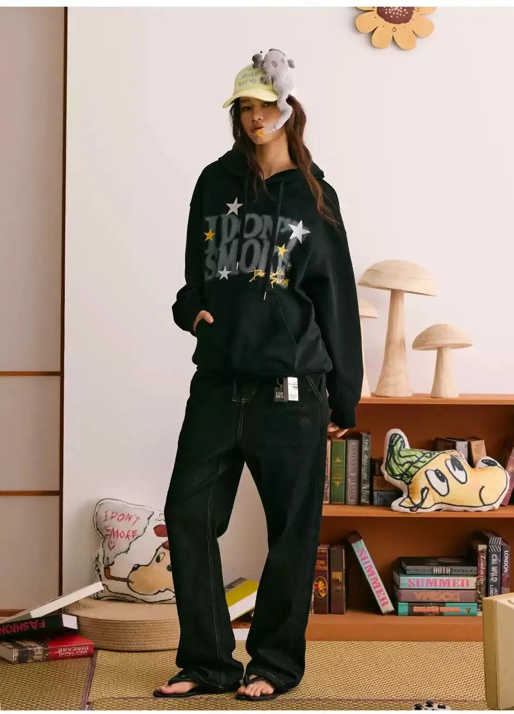 Blurred Logo and Stars Hoodie Korean Street Fashion Hoodie By Donsmoke Shop Online at OH Vault