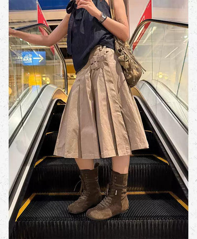 Strapped & Pleated Midi Skirt Korean Street Fashion Skirt By Made Extreme Shop Online at OH Vault