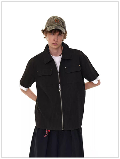 Flap Pockets Spliced Sleeve Zipped Shirt Korean Street Fashion Shirt By Mr Nearly Shop Online at OH Vault