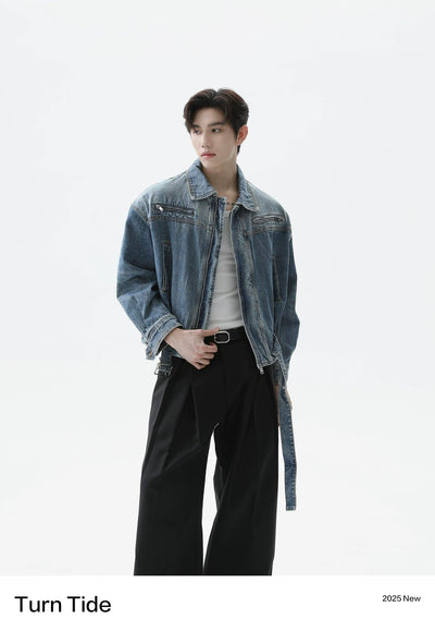 Faded Belt Strap Denim Jacket Korean Street Fashion Jacket By Turn Tide Shop Online at OH Vault