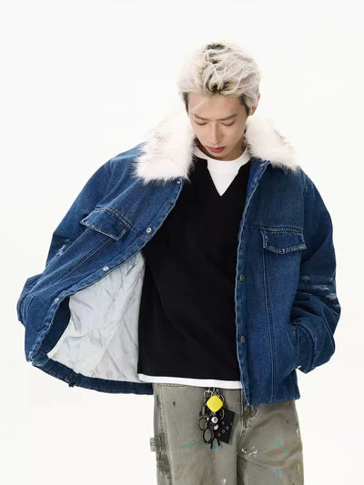 Distressed Fur Collar Denim Jacket Korean Street Fashion Jacket By A PUEE Shop Online at OH Vault