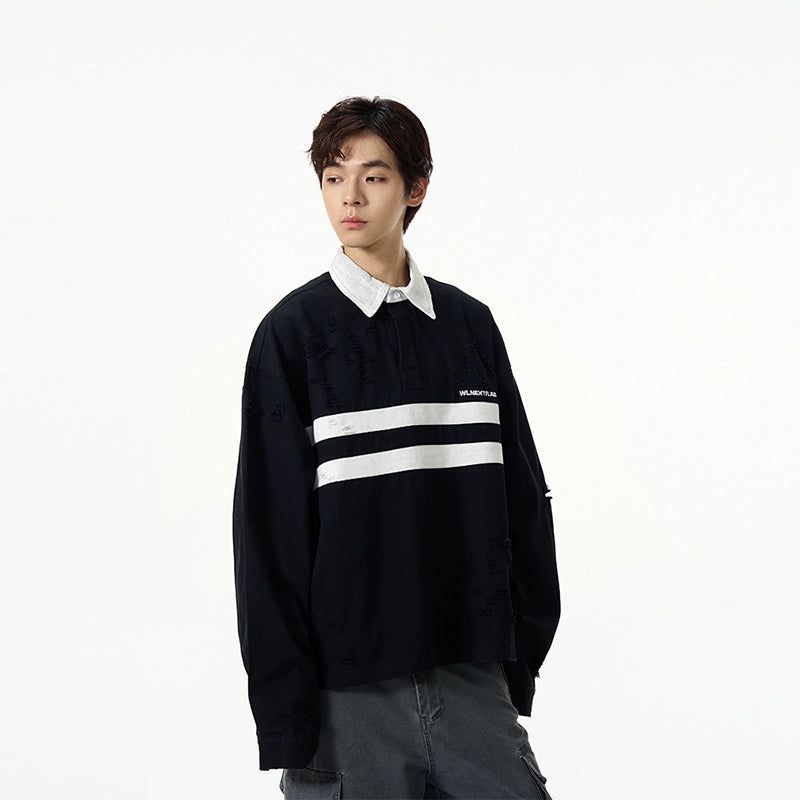 Mid Stripe Long Sleeves Polo Korean Street Fashion Polo By 77Flight Shop Online at OH Vault