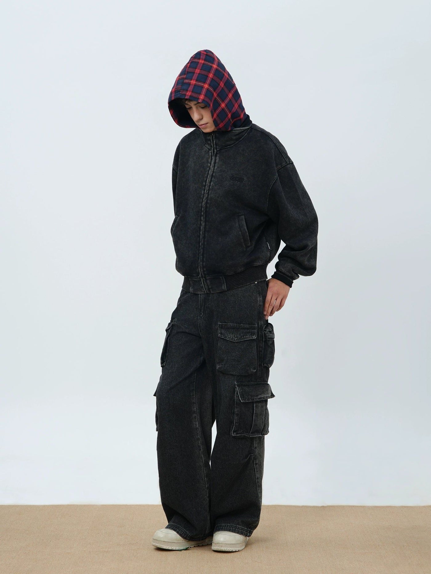 Washed Plaid Hood Zipped Hoodie Korean Street Fashion Hoodie By Jump Next Shop Online at OH Vault