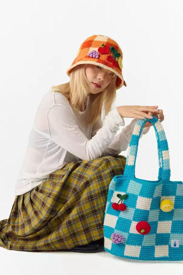 Fruits and Plaid Knit Bucket Hat Korean Street Fashion Hat By Crying Center Shop Online at OH Vault