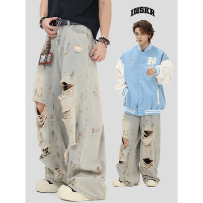 Smudged & Distressed Loose Jeans Korean Street Fashion Jeans By INS Korea Shop Online at OH Vault