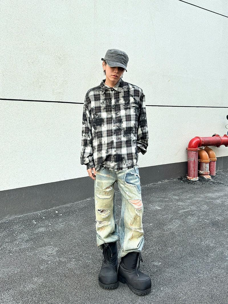 Ink Washed Checkered Shirt Korean Street Fashion Shirt By Ash Dark Shop Online at OH Vault