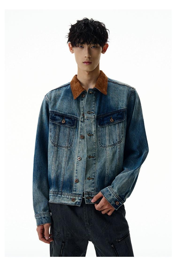 Contrast Collar Faded Denim Jacket Korean Street Fashion Jacket By A PUEE Shop Online at OH Vault