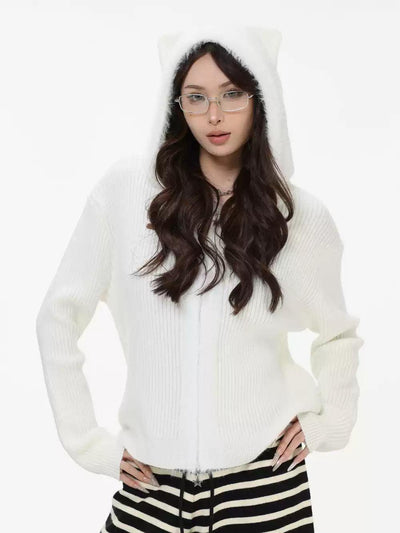 Cat Ears Hooded Zipped Sweater Korean Street Fashion Sweater By INS Korea Shop Online at OH Vault