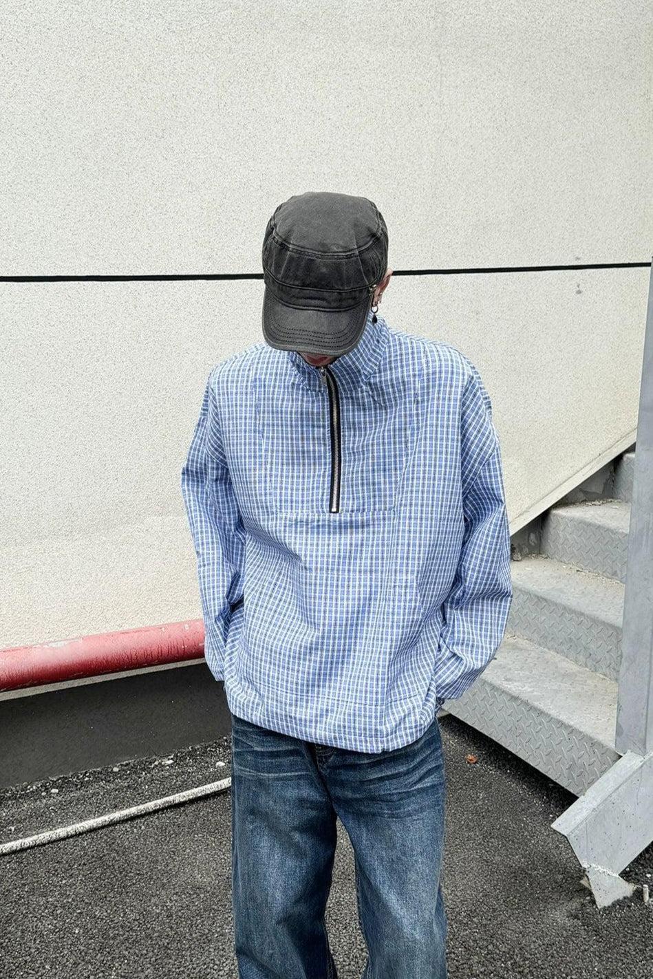Half-Zipped Plaid Shirt Korean Street Fashion Shirt By Ash Dark Shop Online at OH Vault