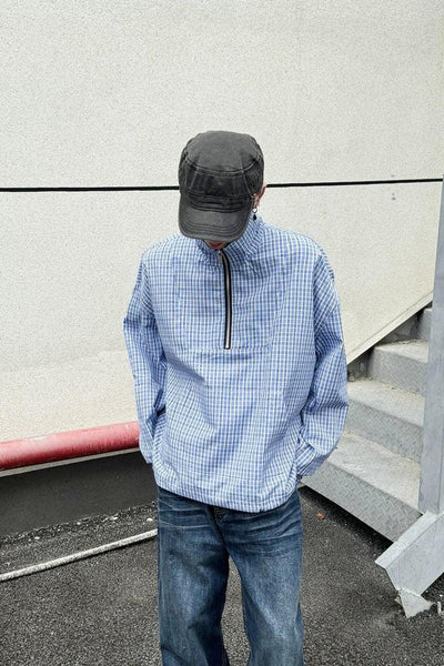 Half-Zipped Plaid Shirt Korean Street Fashion Shirt By Ash Dark Shop Online at OH Vault