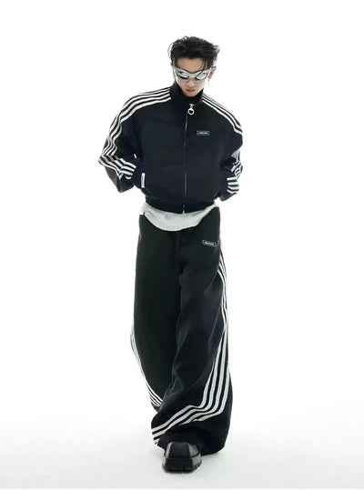 Four-Bar Athletic Jacket & Loose Pants Set Korean Street Fashion Clothing Set By Argue Culture Shop Online at OH Vault