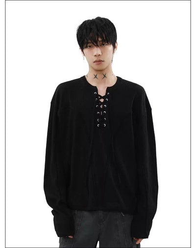 Lace-Up Knitted Long Sleeve T-Shirt Korean Street Fashion T-Shirt By Mr Nearly Shop Online at OH Vault