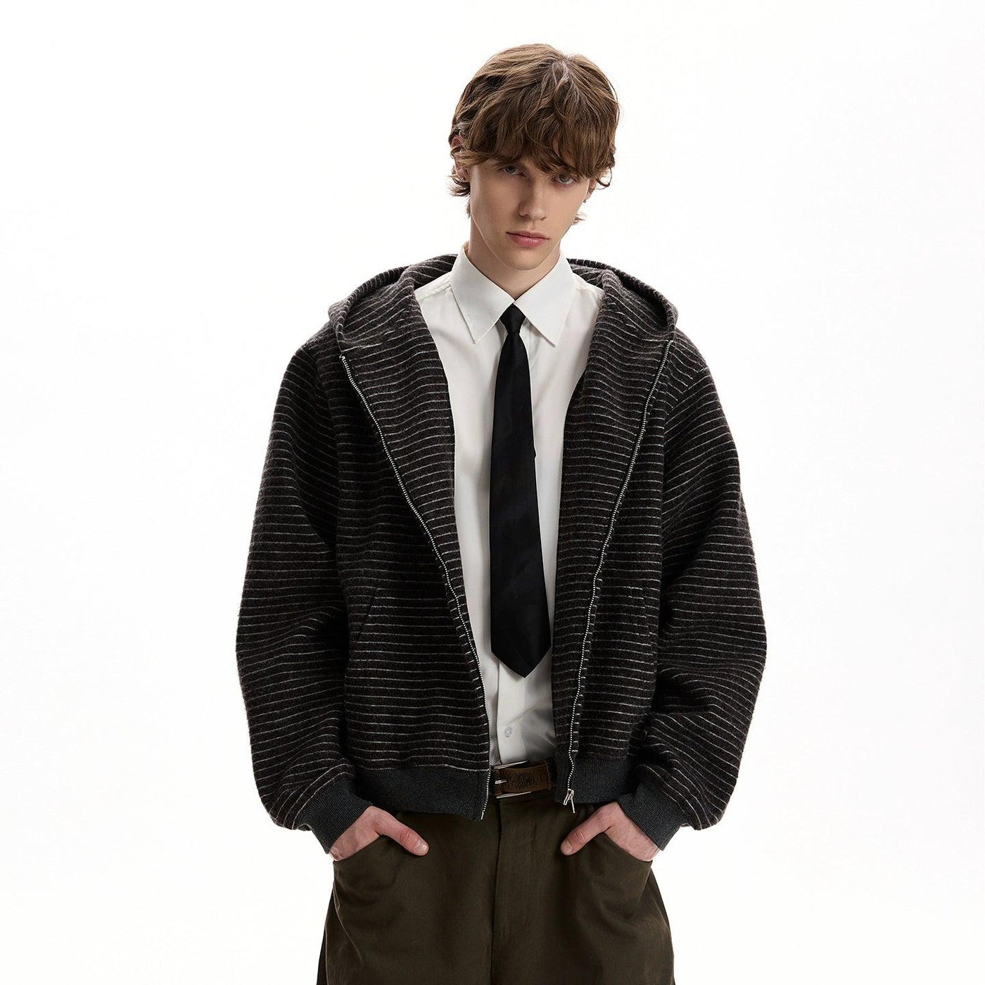 Ribbed Hem Stripes Zip-Up Hoodie