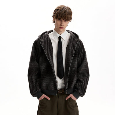 Ribbed Hem Stripes Zip-Up Hoodie