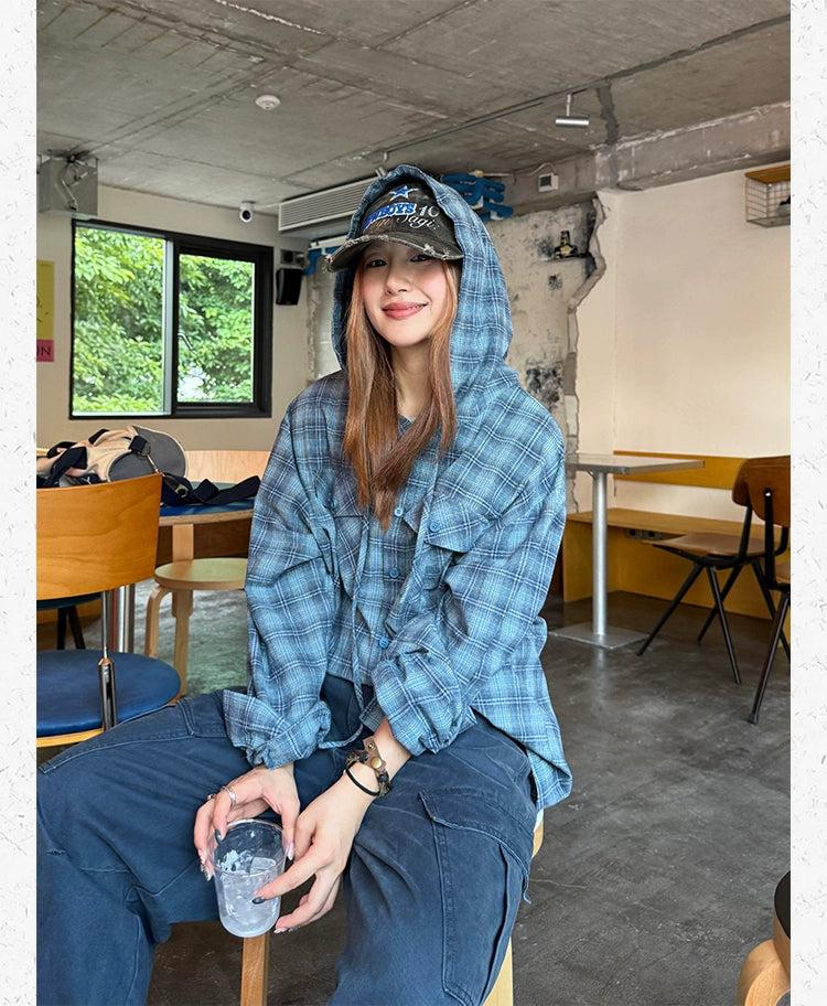 Checkered Hooded Buttoned Shirt Korean Street Fashion Shirt By Made Extreme Shop Online at OH Vault