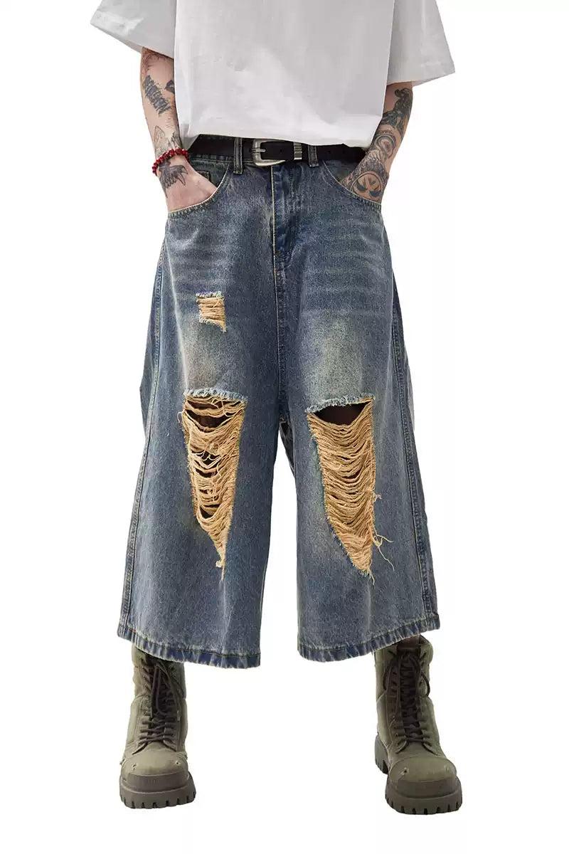 Distressed Mid-Length Denim Shorts Korean Street Fashion Shorts By Ash Dark Shop Online at OH Vault
