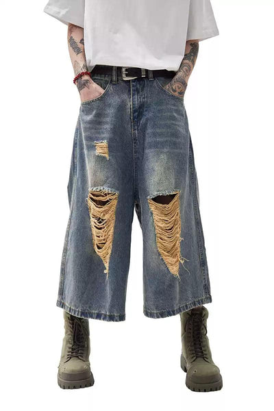 Distressed Mid-Length Denim Shorts Korean Street Fashion Shorts By Ash Dark Shop Online at OH Vault