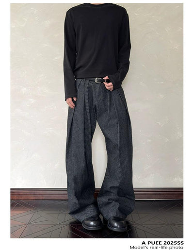 Thin Vertical Stripes Pleated Pants
