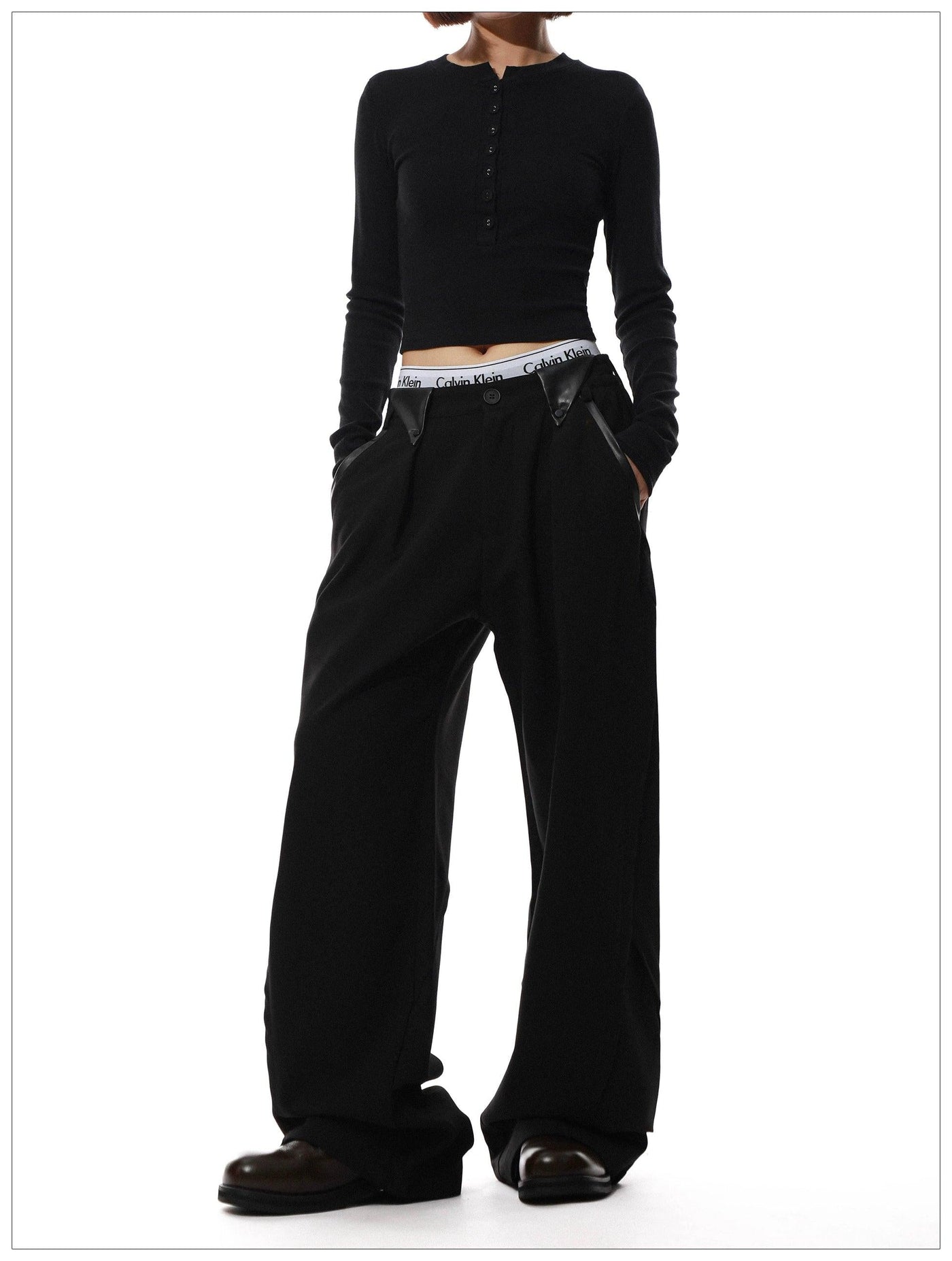 PU Leather Detail Straight Pants Korean Street Fashion Pants By Mr Nearly Shop Online at OH Vault