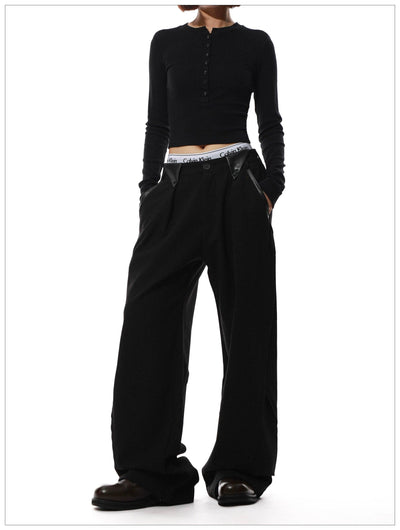 PU Leather Detail Straight Pants Korean Street Fashion Pants By Mr Nearly Shop Online at OH Vault