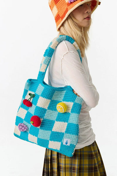 Fruits Checkered Knit Bag Korean Street Fashion Bag By Crying Center Shop Online at OH Vault