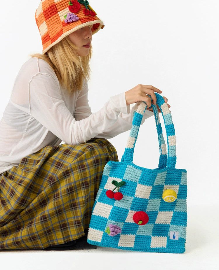 Fruits Checkered Knit Bag Korean Street Fashion Bag By Crying Center Shop Online at OH Vault