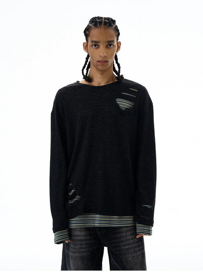 Distressed Stripe Layered Sweater Korean Street Fashion Sweater By 77Flight Shop Online at OH Vault