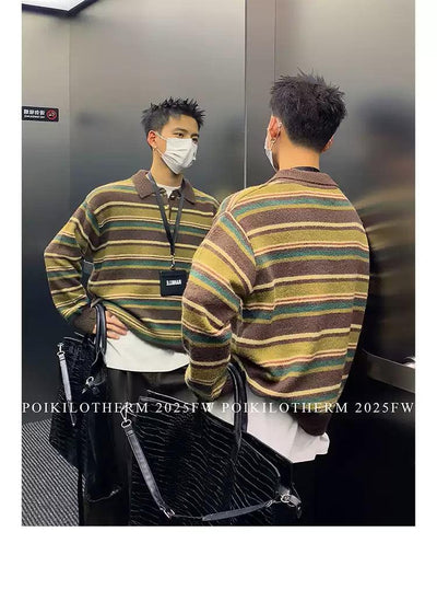 Striped Polo Neck Sweater Korean Street Fashion Sweater By Poikilotherm Shop Online at OH Vault