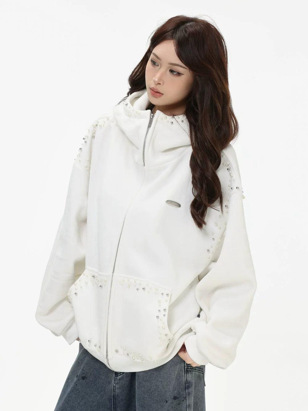 Pearled Outline Zip-Up Hoodie Korean Street Fashion Hoodie By INS Korea Shop Online at OH Vault