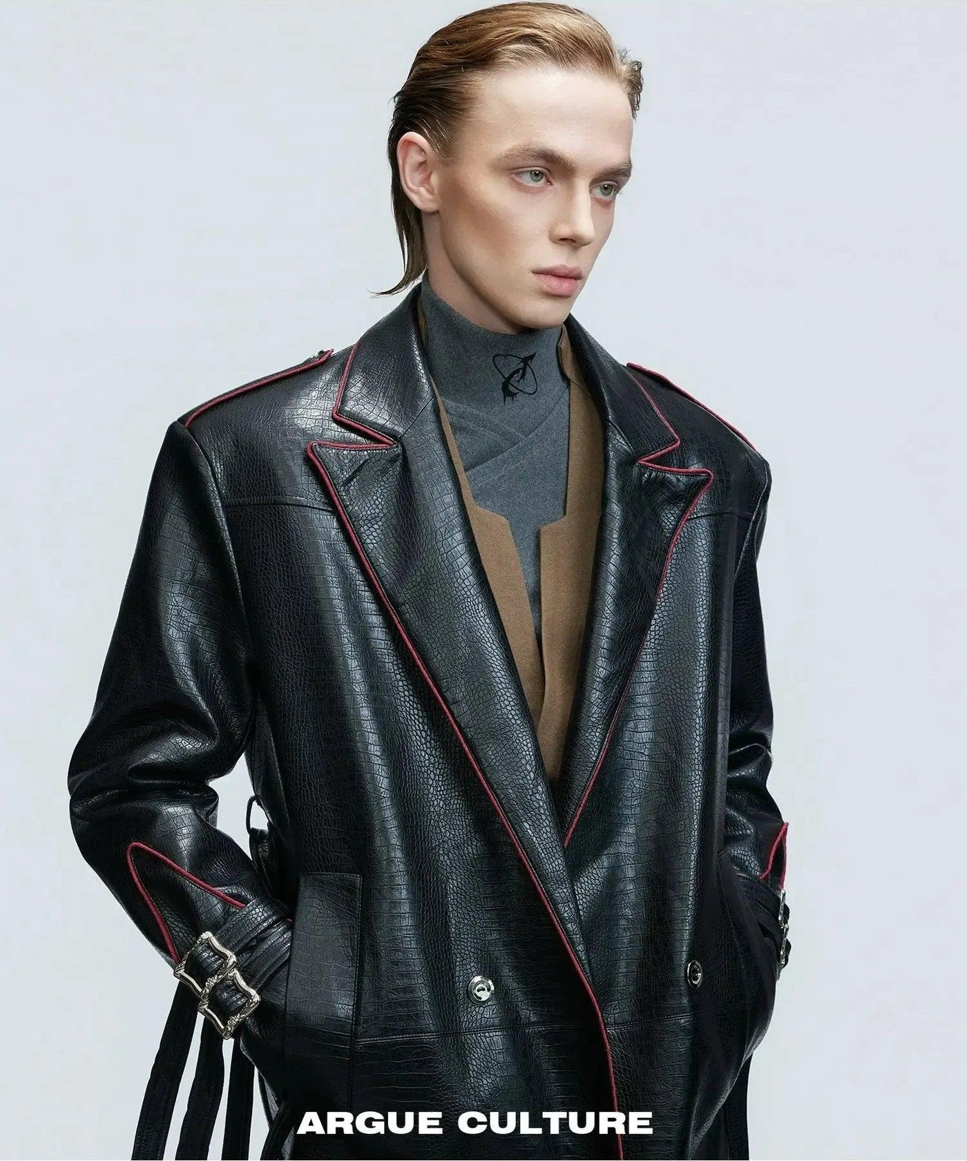 Reptile Textured Faux Leather Long Coat Korean Street Fashion Long Coat By Argue Culture Shop Online at OH Vault