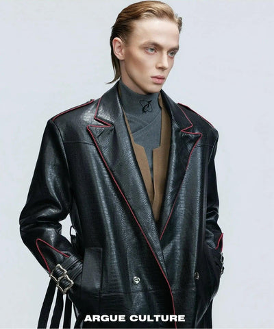 Reptile Textured Faux Leather Long Coat Korean Street Fashion Long Coat By Argue Culture Shop Online at OH Vault
