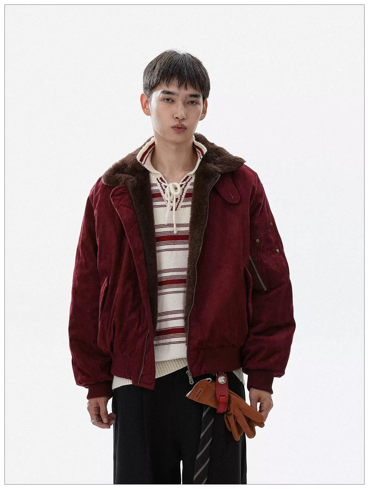 Fur-Trimmed Ribbed Hem Bomber Jacket Korean Street Fashion Jacket By Mr Nearly Shop Online at OH Vault