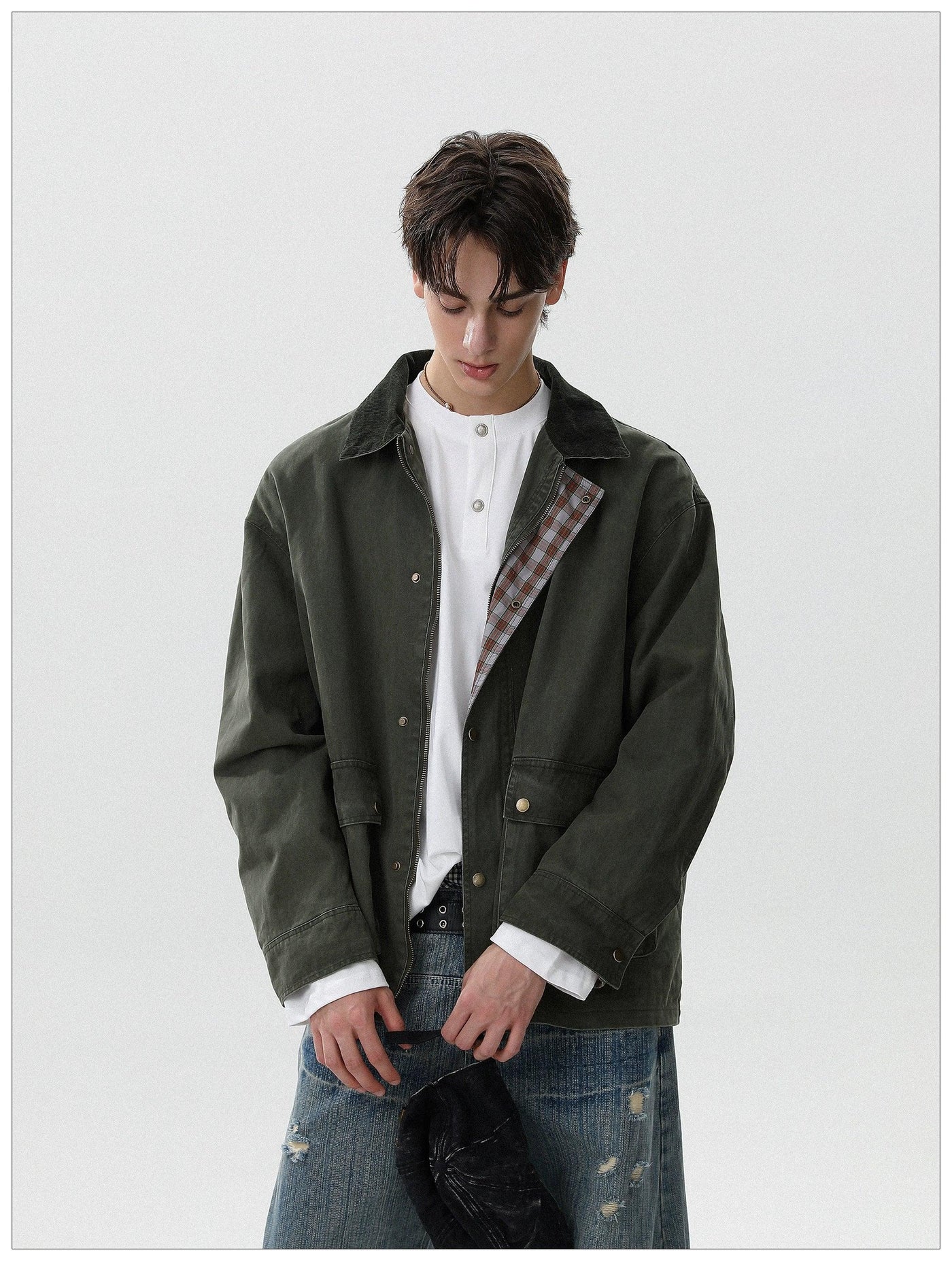 Plaid Lining Snap Buttoned Jacket Korean Street Fashion Jacket By Mr Nearly Shop Online at OH Vault