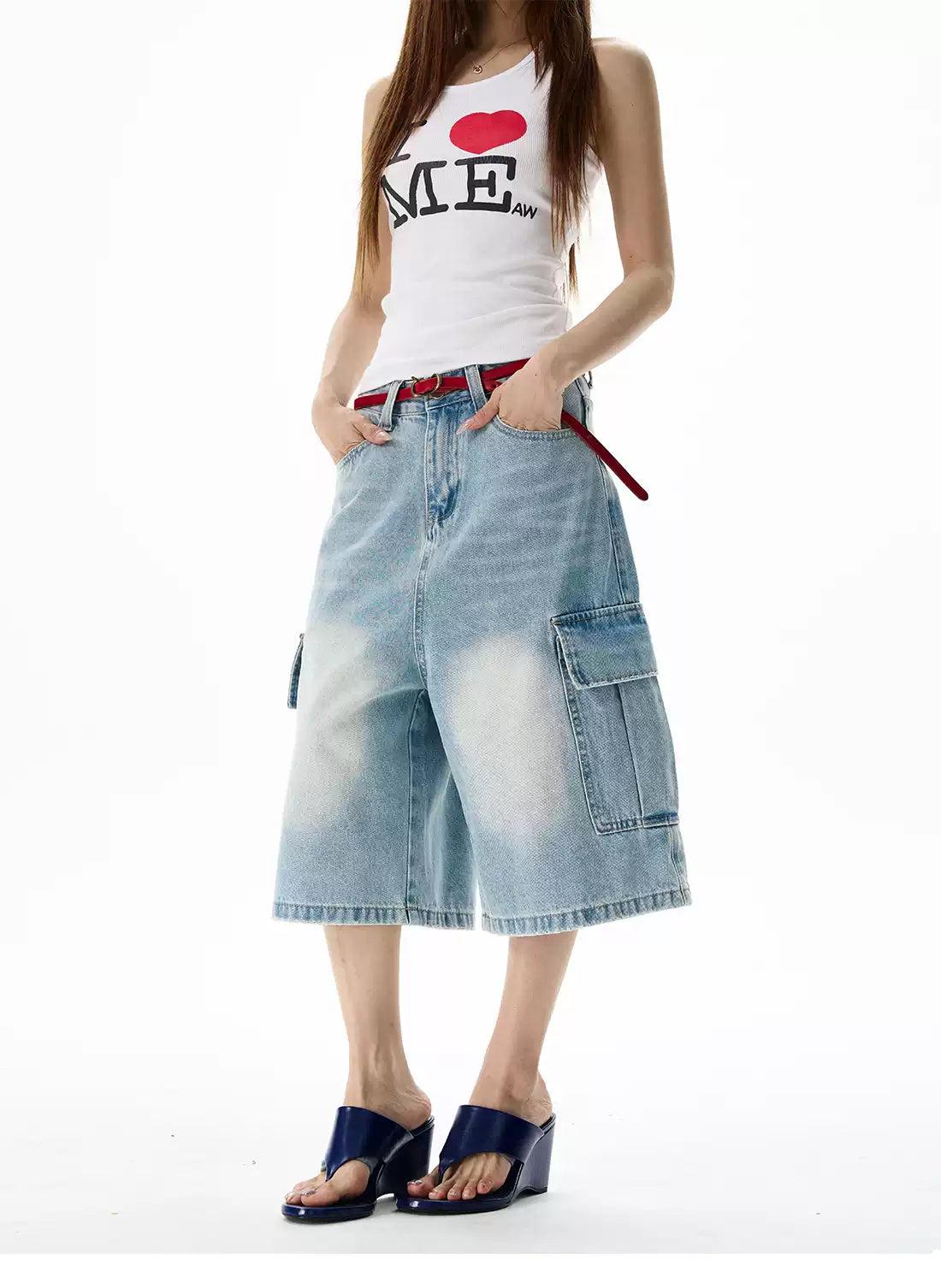 Faded Highlight Denim Shorts Korean Street Fashion Shorts By 77Flight Shop Online at OH Vault