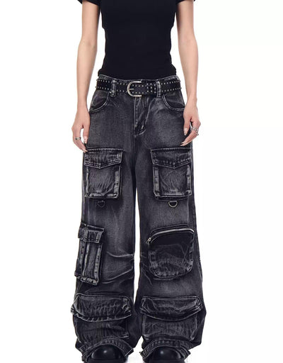 Functional Washed Cargo Jeans Korean Street Fashion Jeans By Blacklists Shop Online at OH Vault