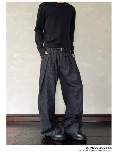 Thin Vertical Stripes Pleated Pants