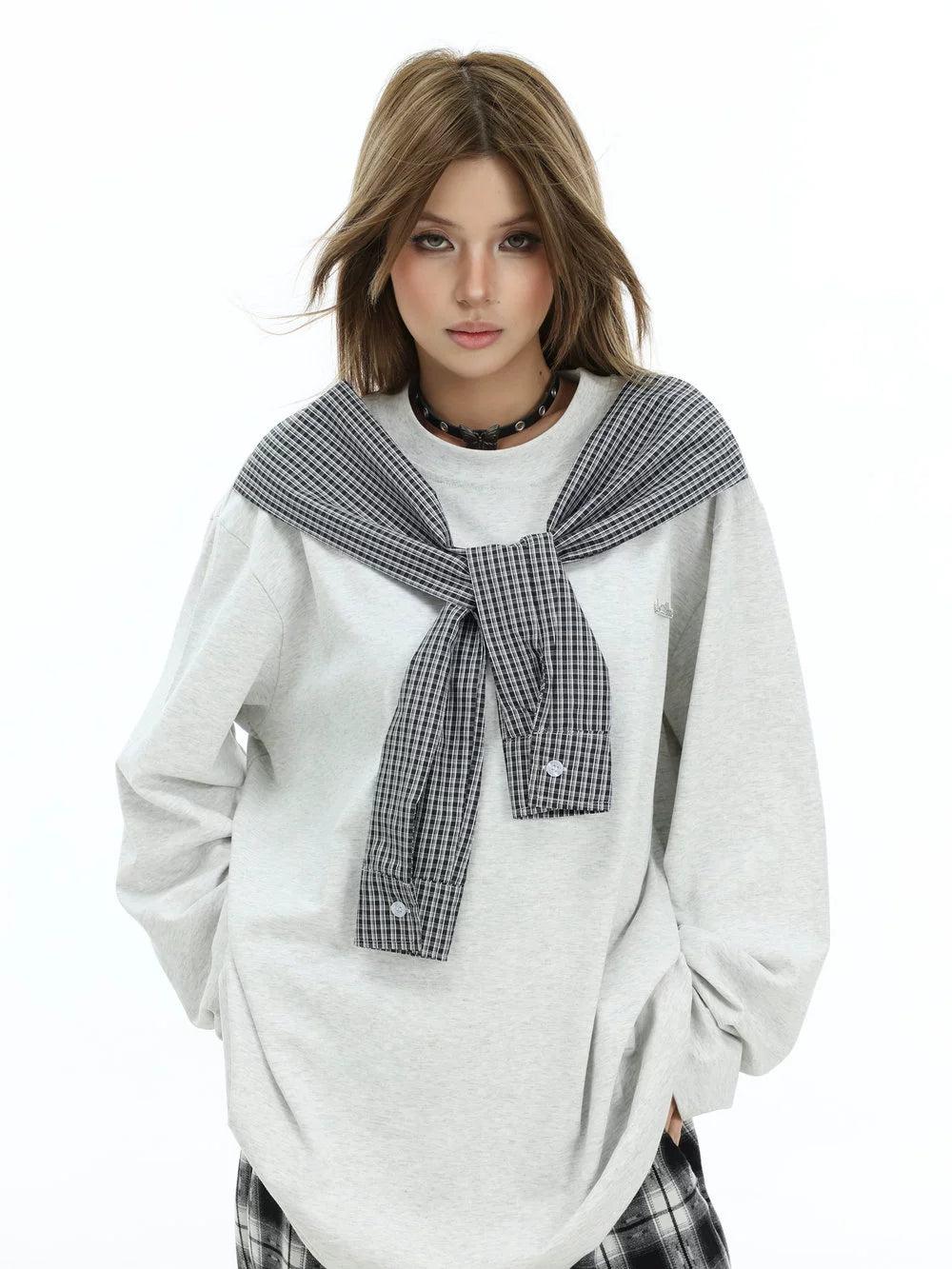 Spliced Plaid Long Sleeve T-Shirt Korean Street Fashion T-Shirt By INS Korea Shop Online at OH Vault