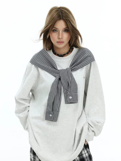 Spliced Plaid Long Sleeve T-Shirt Korean Street Fashion T-Shirt By INS Korea Shop Online at OH Vault