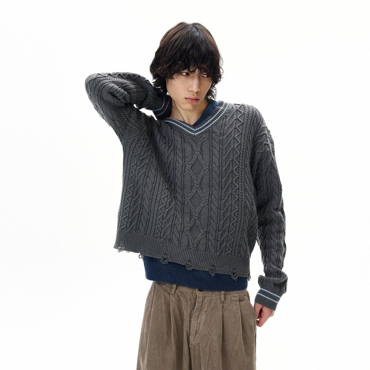 Distressed V-Neck Sweater Korean Street Fashion Sweater By 77Flight Shop Online at OH Vault