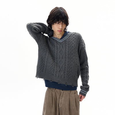Distressed V-Neck Sweater Korean Street Fashion Sweater By 77Flight Shop Online at OH Vault