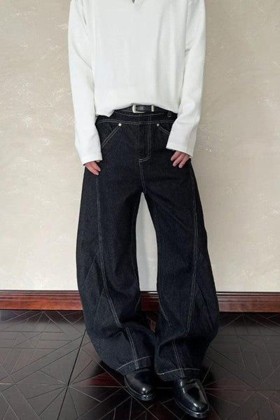 Structured Contrast Seam Barrel Jeans Korean Street Fashion Jeans By A PUEE Shop Online at OH Vault
