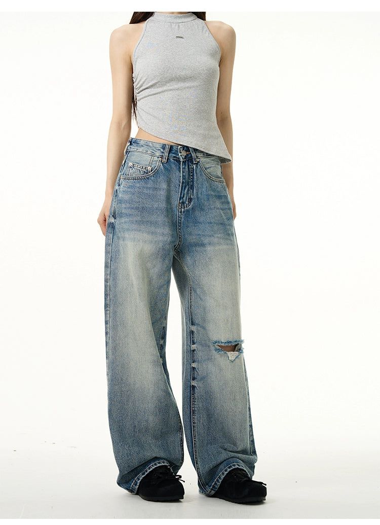 Faded One-Sided Hole Jeans Korean Street Fashion Jeans By 77Flight Shop Online at OH Vault