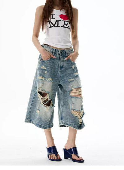 Extra Distressed Denim Shorts Korean Street Fashion Shorts By 77Flight Shop Online at OH Vault